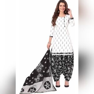 3PC Salwar Kameez Set Black White Floral | Kurta Pants Dupatta | Boho Modest